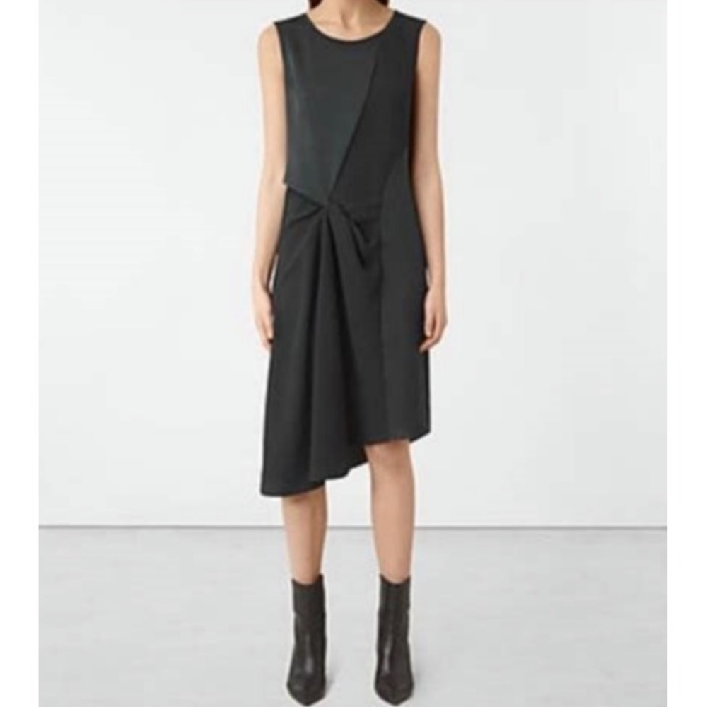 NWT AllSaints Fern Shift Dress Black‎ Knot Detail Asymmetrical Hem Sleeveless, 2